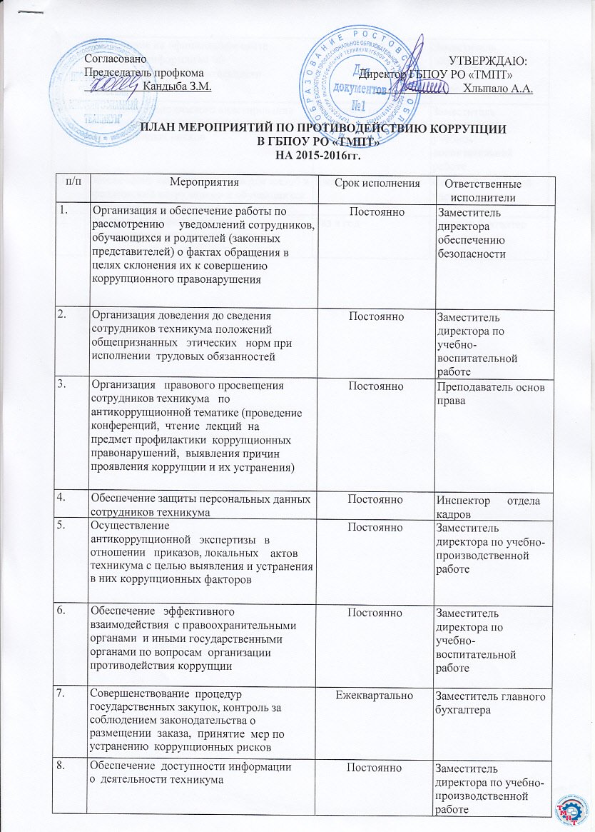 План мероприятий по противодействию коррупции в ГБПОУ РО «ТМПТ» » ГБПОУ РО  «Тарасовский многопрофильный техникум»